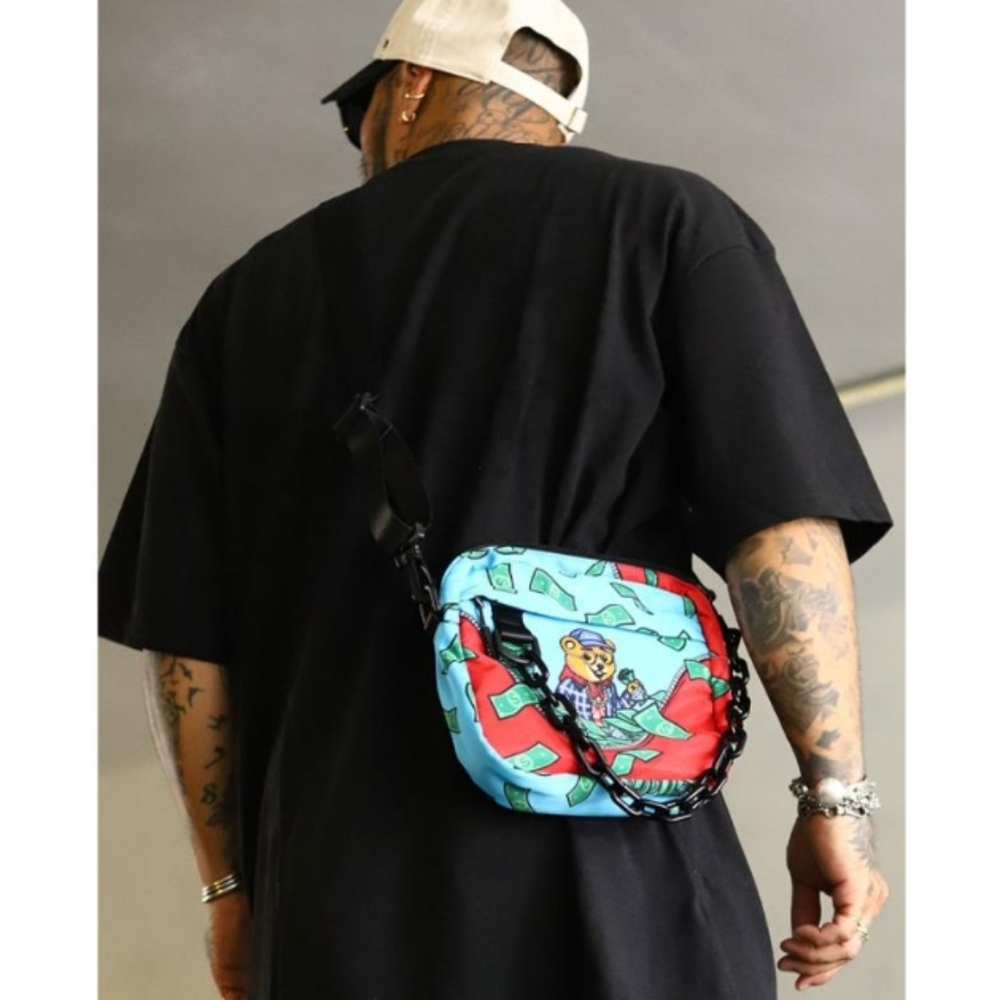 Reason Money Bear Adjustable Shoulder Bag with Black Chain.